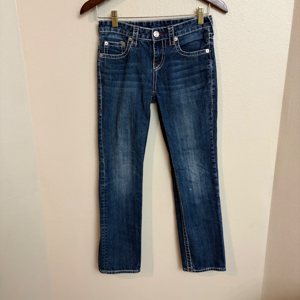 True Religion Section Straight Jeans Size 27 Big T Red Contrast Stitch Dark Wash